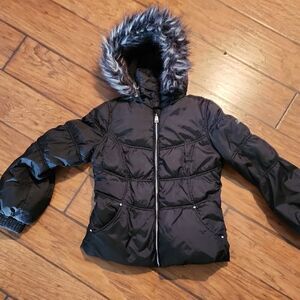 Black Puffer Jacket Girls Size 14 with Faux Fur Hood By Hawke & Co.